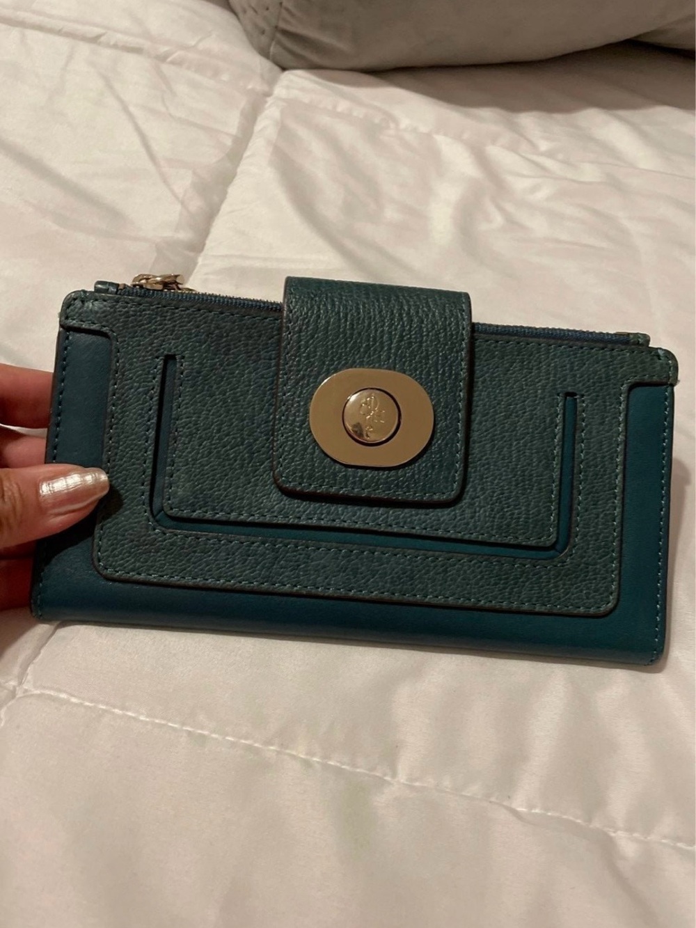 Cole Haan Teal Leather Continental Wallet with Gold-Tone Hardware